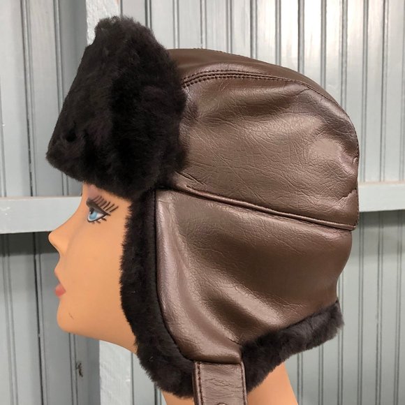 Langenberg Brown Vinyl Trooper 6 7/8 Winter Hat Ear Flaps Made USA - Picture 1 of 10